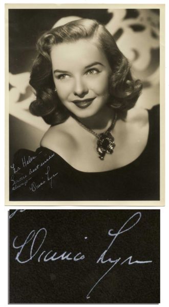 Actress & Piano Prodigy Diana Lynn Signed Photo -- 8'' x 10'' Matte Photo Inscribed to Helen in White Ink -- Near Fine
