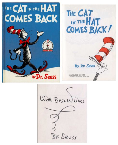 Dr. Seuss Signed ''The Cat in the Hat Comes Back'' -- Bold, Clear Signature With a Whimsical Squiggle