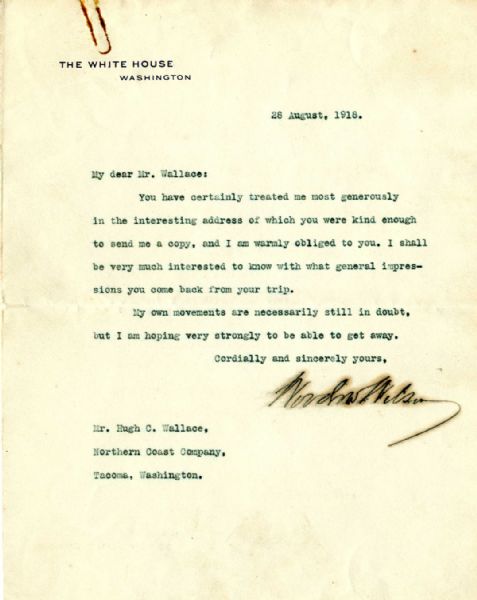 Woodrow Wilson Typed Letter Signed as President -- ''...I am warmly obliged to you...''