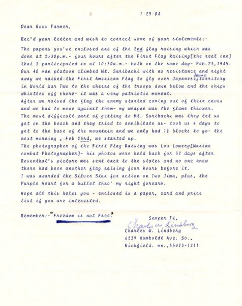 Charles W. Lindberg, Iwo Jima Flag Raiser, Typed Letter Signed -- ''...After we raised the flag, the enemy started coming out of their caves...'' -- Letter Documenting Iconic WWII Moment 