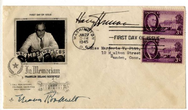 Eleanor Roosevelt and Harry Truman Signed Cover in Memory of FDR