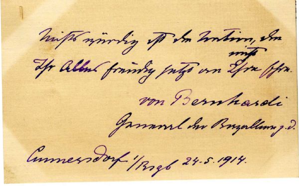 Signature of General Friedrich von Bernhardi Dated 24 May 1914 -- Author of ''Germany and the Next War'' -- 5.25'' x 3.5'' -- Toning