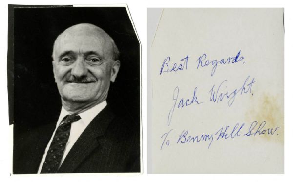 Jack Wright Signed Photo -- ''Best Regards, Jack Wright, c/o Benny Hill Show'' -- 3.25'' x 4.25'' -- Very Good
