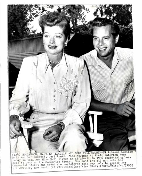 1953 Wire Photo of Lucy & Desi -- 6.75'' x 8.75'' Glossy -- Caption Describes Interview of Lucy Denying Communist Sympathies