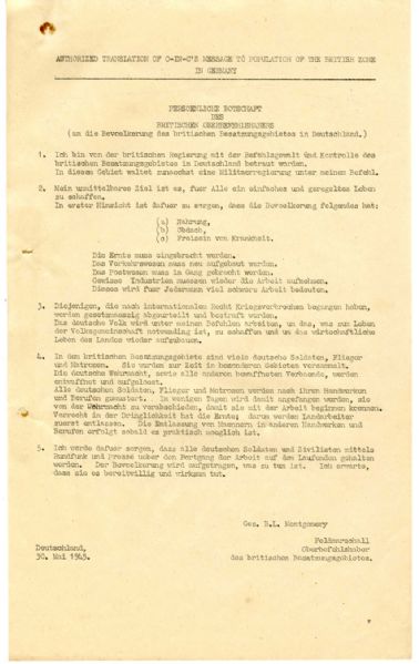 Original May 1945 Memorandum From Bernard Montgomery Upon Taking Control of Germany
