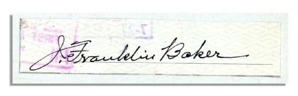 HOFer Frank ''Home Run'' Baker Signature -- Signed ''J. Franklin Baker'' Clipped From Check -- 5'' x 3'' -- With JSA COA