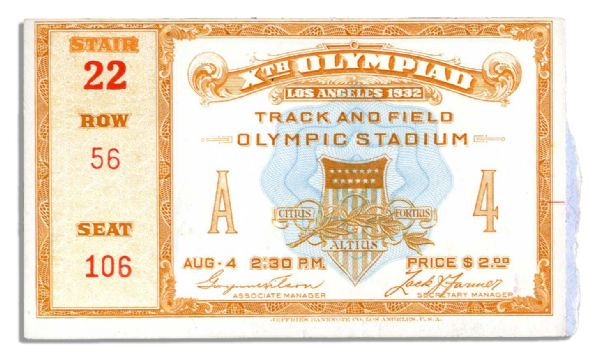 Ticket to Track & Field at the 1932 X Olympics in Los Angeles -- Measures 4.5'' x 2.5'' -- Near Fine