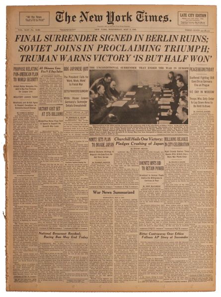 Jubilant Victory 9 May 1945 ''New York Times'' Declares Germany's Surrender -- War Department Runs Poster Saying ''JAP...You're Next!''

