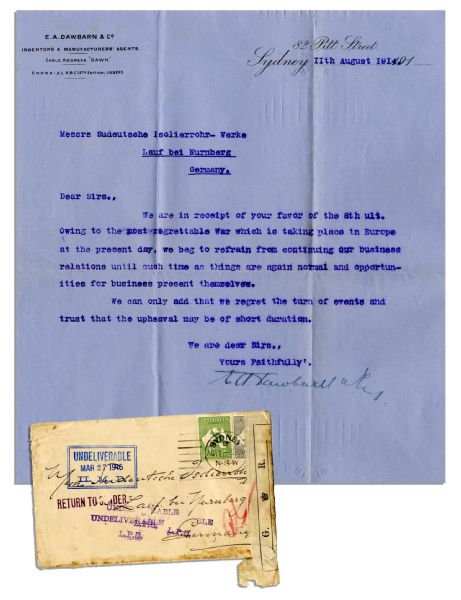 Rare 1914 Wartime Postal Cover to Germany Marked ''Undeliverable'' -- With Letter Stating ''...Owing to the most regrettable War...we beg to refrain from continuing our business relations...''