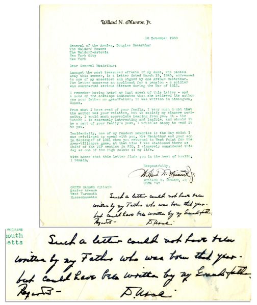 Douglas MacArthur 1958 Autograph Note Signed -- ''...Such a letter could not have been written by my Father...''