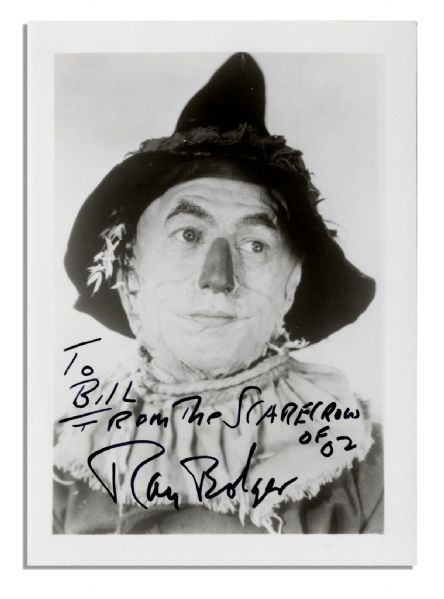 Ray Bolger Signed Glossy 3.75'' x 5'' Photo -- ''To BILL / FROM THE SCARECROW OF OZ / RAY BOLGER'' -- Near Fine