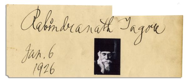 Poet Rabindranath Tagore Signs and Dates ''Jan. 6 1926'' Autograph Page -- 7.5'' x 3.25'' -- Paper Loss to Upper Right -- Very Good