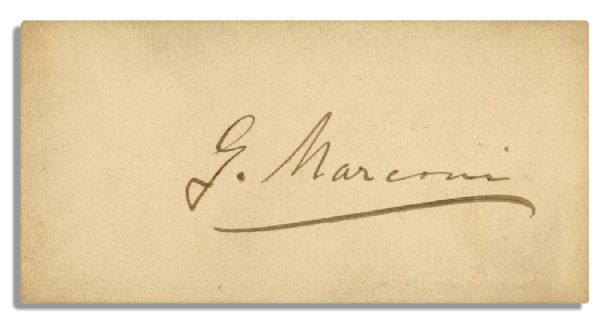 Radio Inventor Guglielmo Marconi Signature on 3'' x 1.5'' Card -- ''G. Marconi'' -- Dated on Verso ''9/22/99'' -- Very Good