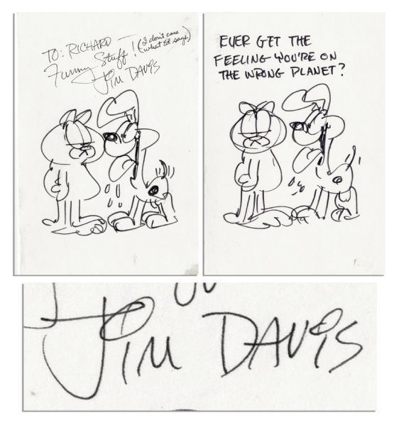 Jim Davis Original Art Signed of His Famous Feline Character Garfield -- Davis Sketches Garfield and Odie as a Mock-up for a Greeting Card