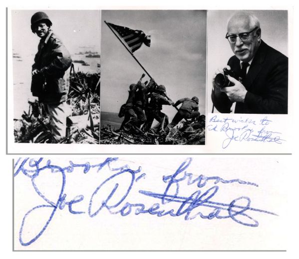 Photographer Joe Rosenthal  Signed Photo -- ''Best wishes to Ed Brooks from Joe Rosenthal'' -- 7.5'' x 3.75'' Glossy With Photo Collage of Rosenthal & His Work -- Very Good