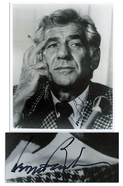 Leonard Bernstein Signs in Black Felt Tip a Glossy 8'' x 10'' Photo of Himself -- Creasing & Wear to Top Edge -- Near Fine