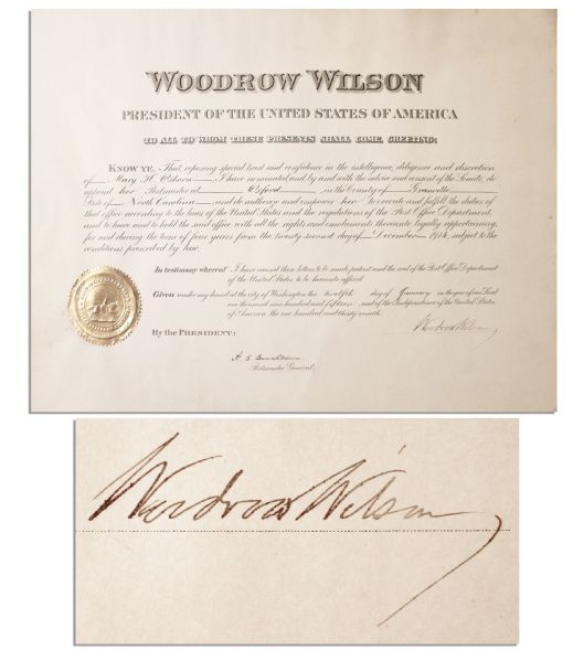 Woodrow Wilson Document Signed as President -- North Carolina Postmaster Appointment