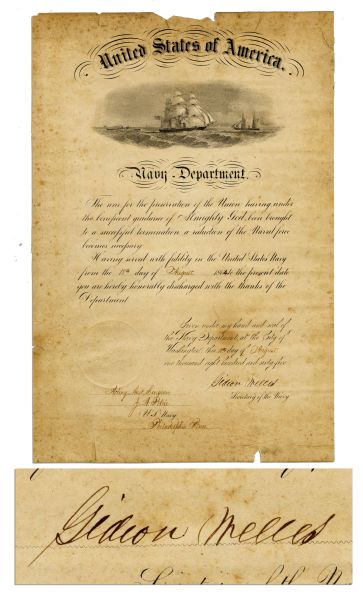Lincoln-Appointed Secretary of the Navy Gideon Welles Signed Discharge -- ''...the war...having been brought to a successful termination...''