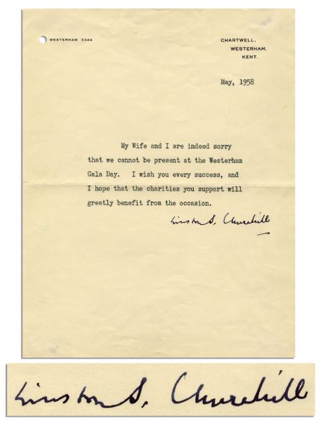 Winston Churchill Typed Letter Signed -- ''...I hope that the charities you support will greatly benefit...'' -- 1958
