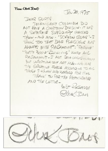 'Bugs Bunny'' Animator Chuck Jones Letter Discussing Cartoon Business -- ''...I met Dave [Fleischer] occasionally but unfortunately not Max [Fleischer] - who was the creative force...'' -- 1975