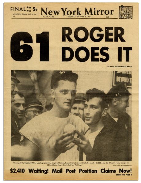 Roger Maris Breaks Babe Ruth's Record Newspaper -- 1961 -- ''61 Roger Does It''