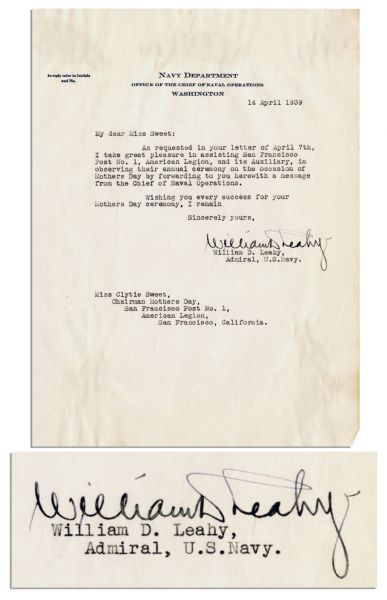 Fleet Admiral William D. Leahy 1939 Typed Letter Signed -- As Chief of Naval Operations