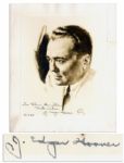 J. Edgar Hoover Signed Portrait Print -- From a 1939 Sketch by Cartoonist Paul Frehm -- Signed To Ellen Hamilton / Best wishes / 12.8.42 / J. Edgar Hoover -- 9.25 x 11  -- Very Good