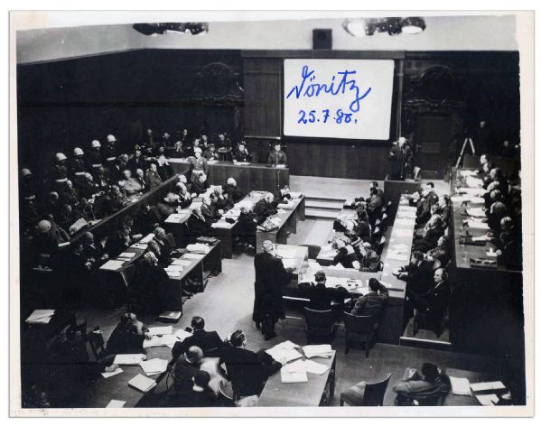 Karl Donitz Signs 10'' x 8'' Glossy Photo of Nuremberg Trial -- ''Donitz 25.7.80'' -- Very Good