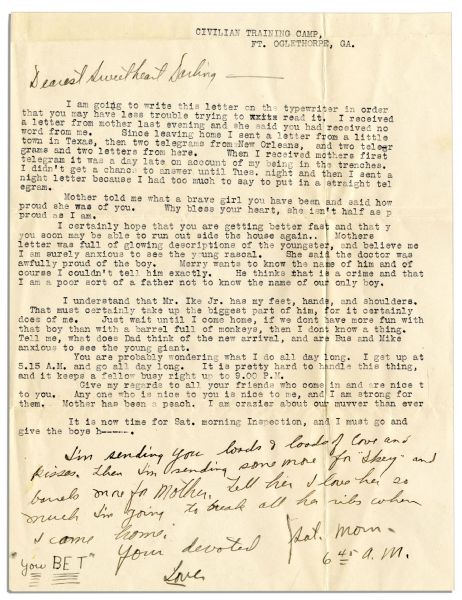 Dwight Eisenhower Letter to Mamie After the Birth of Their Son -- ''...I am...anxious to see the young rascal...if we don't have more fun with that boy than with a barrel full of monkeys...''