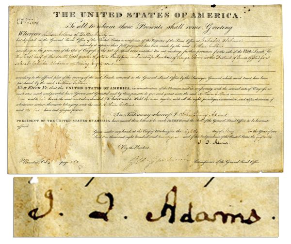 President John Quincy Adams Document Signed -- 1826 Land Grant
