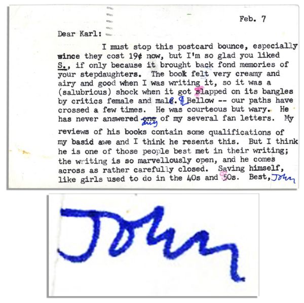 Nice John Updike 1991 Typed Signed Postcard -- Opining on Saul Bellow  & ''...The book felt very creamy and airy and good when I was writing it...''
