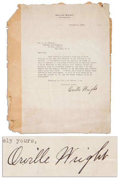 Orville Wright Typed Letter Signed Discussing Aeronautics -- ''...I am so strongly of the opinion that soaring flight is possible only in ascending trends of air...''