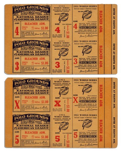 Four Tickets to The Legendary 1951 World Series -- Games 3, 4, 5 & X