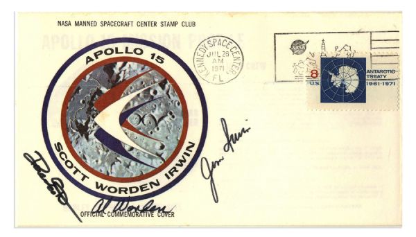 Apollo 15 Crew Signed Insurance Cover -- ''Dave Scott'', ''Al Worden'' & ''Jim Irwin'' -- Cancelled 26 July 1971 -- 6.5'' x 3.75'' -- Foxing, Toning, Else Near Fine -- With COA From Worden
