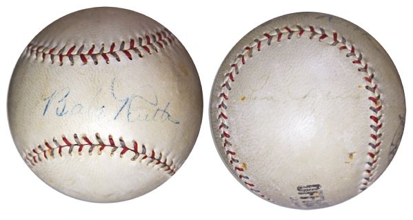 Babe Ruth & Lou Gehrig ''Official League'' Signed Baseball -- Signed by Ruth on the Sweet Spot -- With PSA/DNA COA
