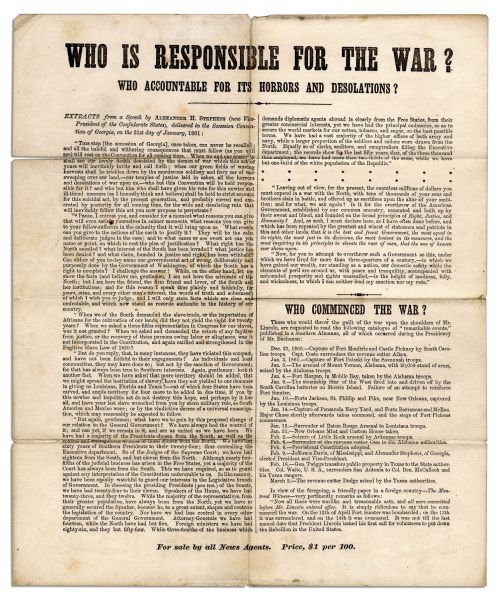 Civil War Broadside Condemning Secession & War -- Quoting Confederate VP Alexander Stephens -- ''...for you to attempt to overthrow such a Government as this...is the height of madness...''