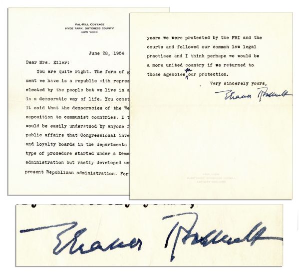Eleanor Roosevelt Typed Letter Signed With Fine Content -- ''...the democracies of the West are in opposition to communist countries...For many years we were protected by the FBI...'' -- 1954