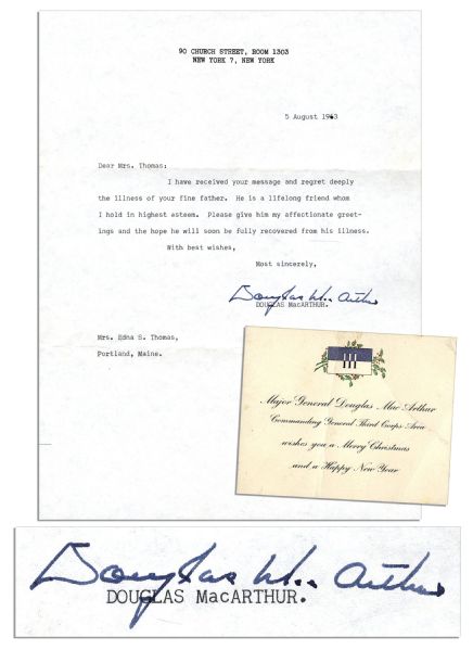Douglas MacArthur Typed Letter Signed & Christmas Card -- ''...I...regret deeply the illness of your fine father. He is a lifelong friend...'' -- 1963
