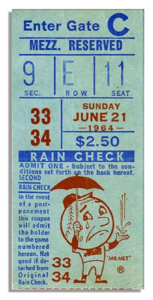 Rare Ticket Stub From the 1964 Legendary Baseball Game in Which Phillies Pitcher Jim Bunning Threw a Perfect No-Hit Game Against the Mets
