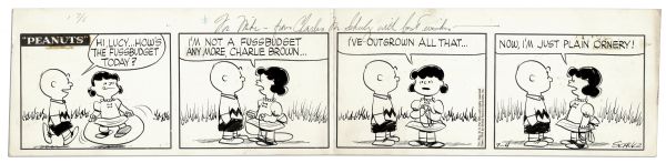 Charles Schulz Hand-Drawn ''Peanuts'' Comic Strip From the 4th of July 1955 -- With Charlie Brown & Lucy ''Fussbudget''