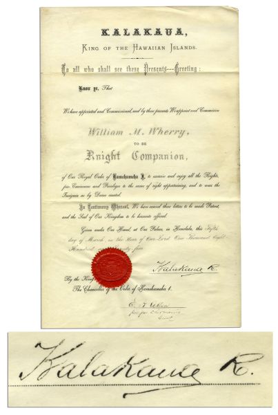 The Last King of Hawaii, ''Merrie Monarch'' King Kalakaua Signed Document Initiating Civil War Colonel William M. Wherry Into the Royal Order of Kamehameha 1 