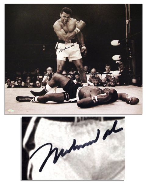 Excellent & Large 20'' x 16'' Muhammad Ali Signed Photo -- Depicting the Legend Standing Over Sonny Liston