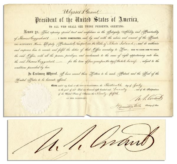 Ulysses S. Grant Document Signed as President in 1870