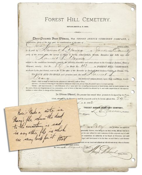 Truman Family Plot Archive -- With Original Deed His Grandmother Purchased Delineating Her Family Plot in 1892 & 3 Autograph Notes Relating to the Plot Written by Truman, One Signed ''HST''