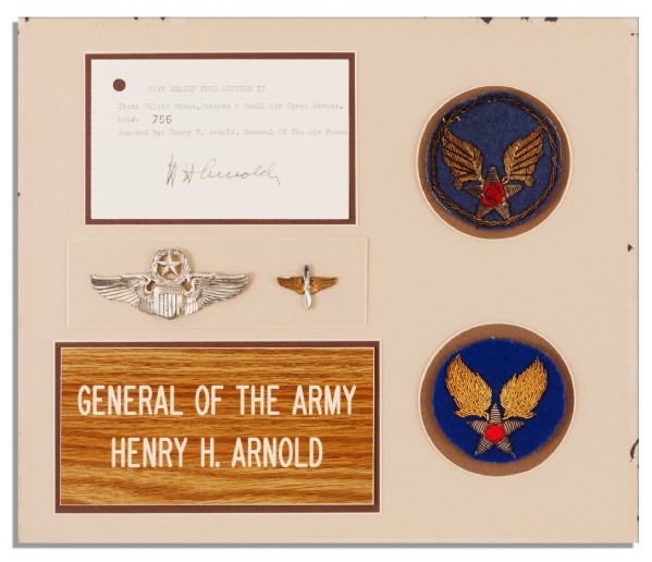 General Henry ''Hap'' Arnold's Personal Command Pilot Wings -- With Two of His USAAF Headquarters Insignia Patches and an Autograph Note Signed by Arnold