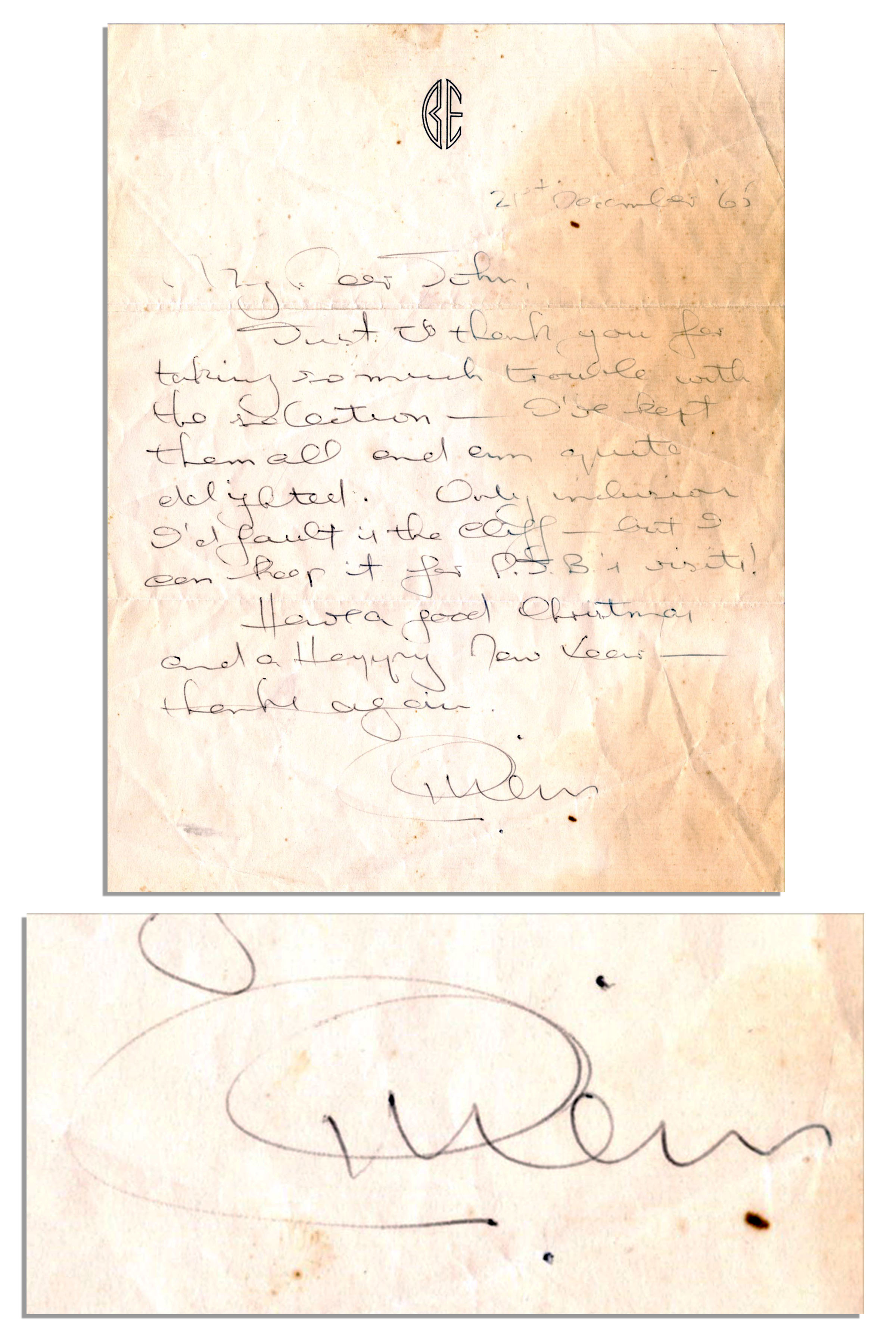 John Lennon Memorabilia Beatles Manager Brian Epstein Autograph Letter Signed to John Lennon -- ''...Just to thank you for taking so much trouble with the selection...'' -- 1965