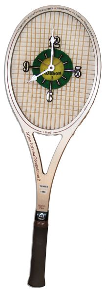 Arthur Ashe's Own Brand of Tennis Racket Made Into a Timepiece -- With Black Enterprise Magazine Cover Showing Ashe With a Racket From His Line