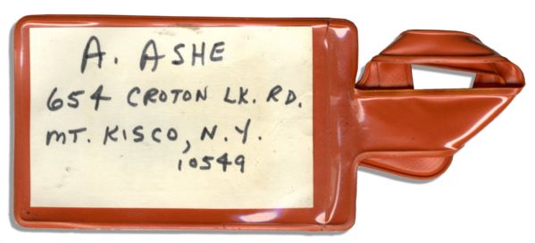 Arthur Ashe Personally Owned Luggage Tag -- Arthur Ashe Hand-Writes ''A. Ashe'' & His Home Address in Mt. Kisco, New York