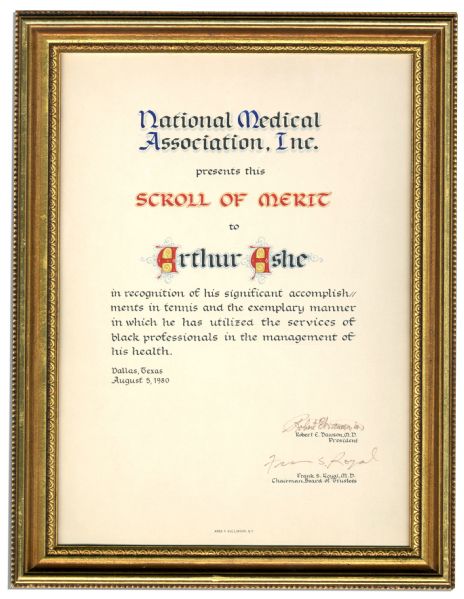 Arthur Ashe Certificate -- Recognizing His Use of Black Professionals for His Health Care