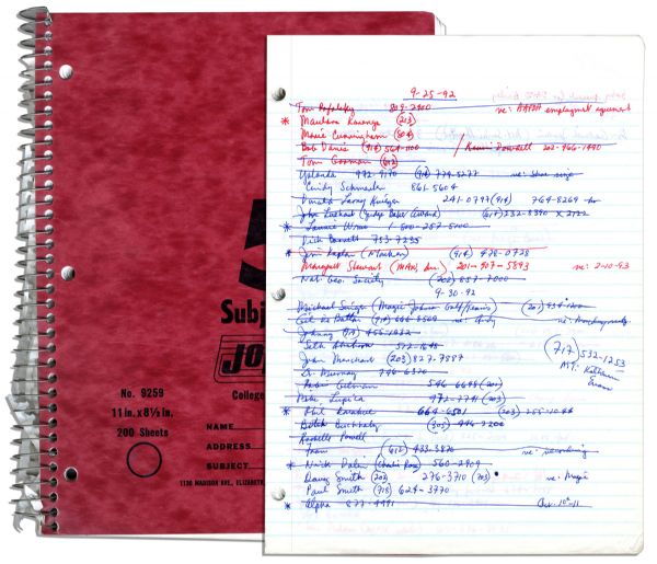 Arthur Ashe Notebook of Contacts -- With Notes in His Hand -- ''...Clinton letter...Send Davis Cup outfit to Hall of Fame...'' & Dated Entries From The Last Week of His Life
